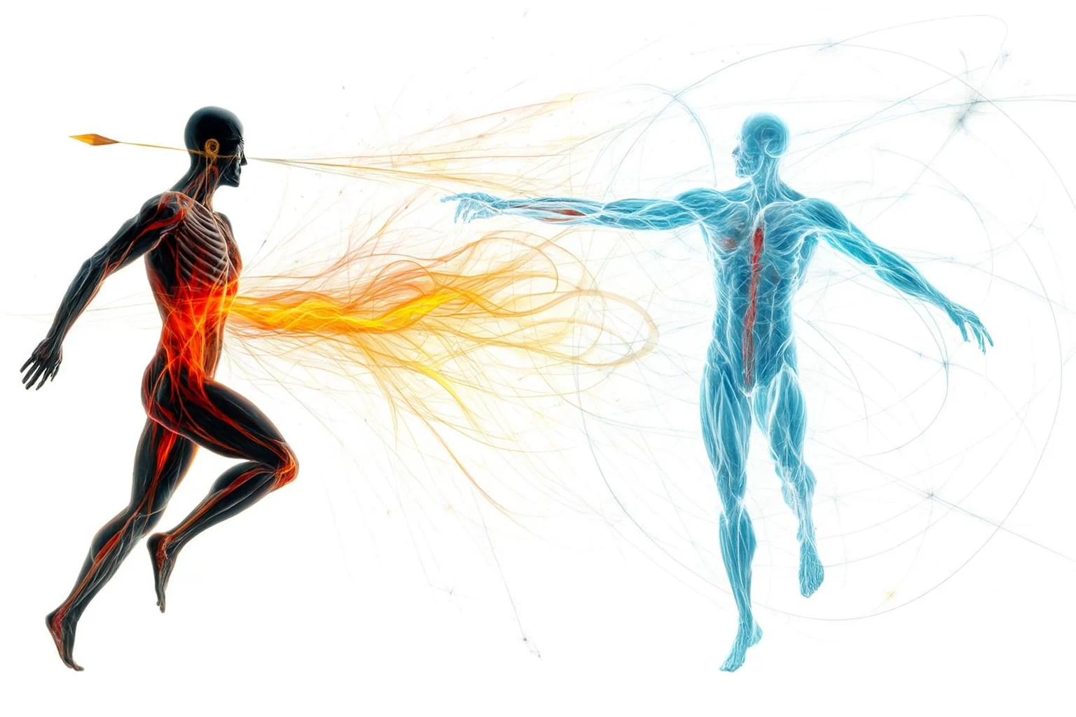 Zwei stilisierte Körper im energetischen Austausch – Symbol für Nervensystem‑Regulation, Schmerzlinderung und somatische Intelligenz.
